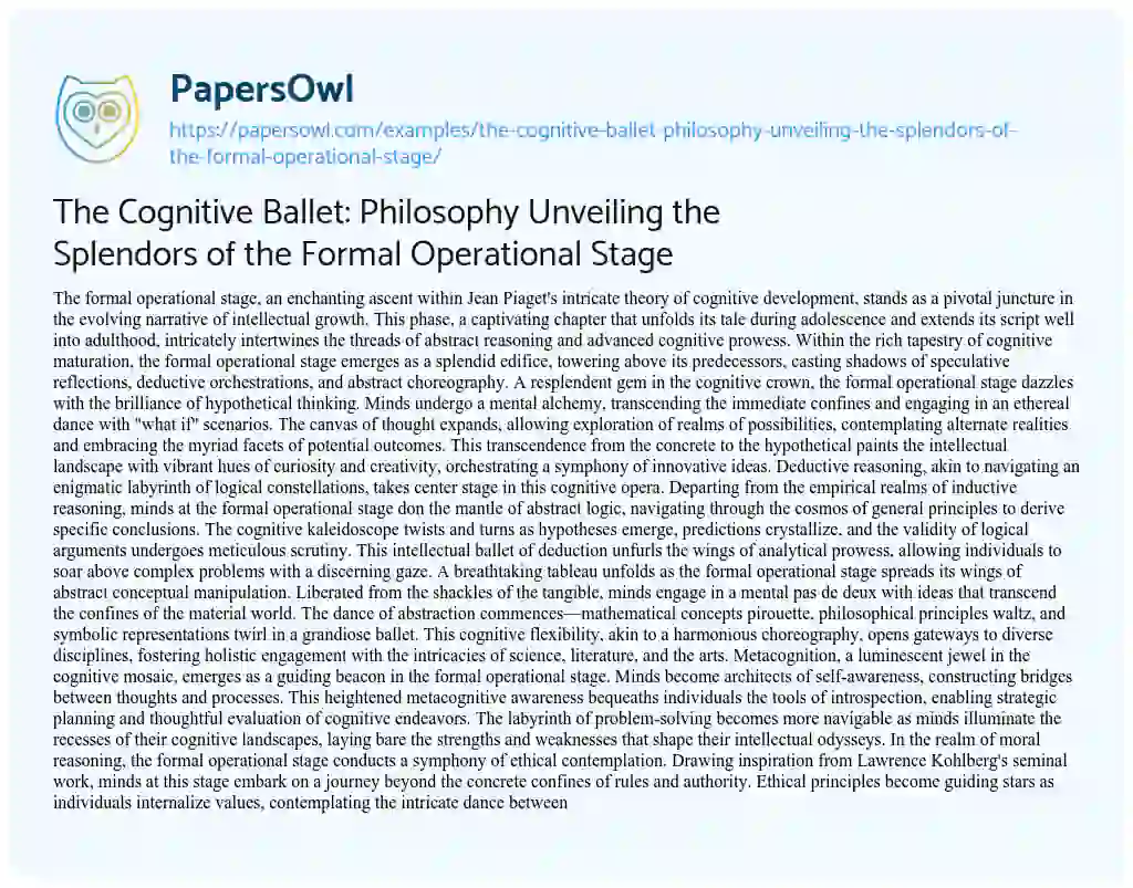 Essay on The Cognitive Ballet: Philosophy Unveiling the Splendors of the Formal Operational Stage