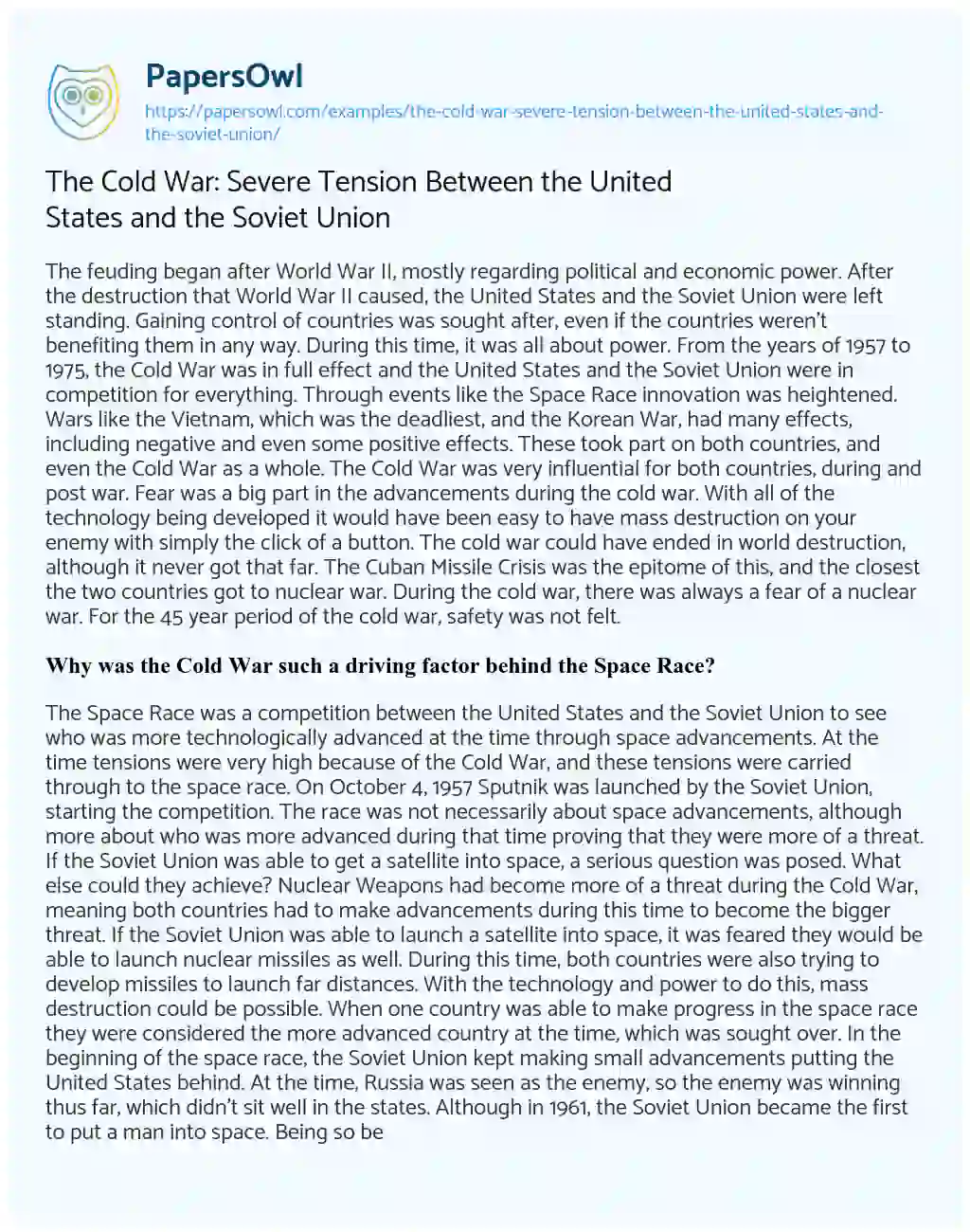 Essay on The Cold War: Severe Tension between the United States and the Soviet Union