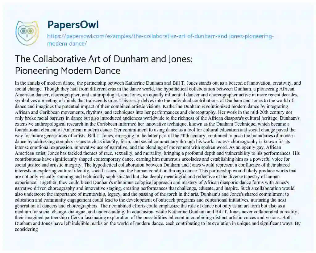 Essay on The Collaborative Art of Dunham and Jones: Pioneering Modern Dance