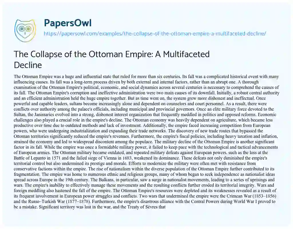 Essay on The Collapse of the Ottoman Empire: a Multifaceted Decline