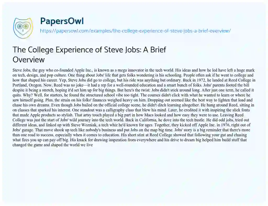 Essay on The College Experience of Steve Jobs: a Brief Overview