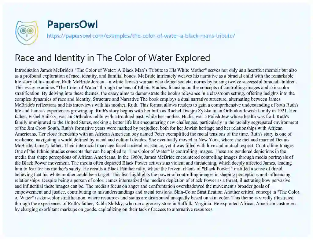 Essay on The Color of Water: a Black Man’s Tribute