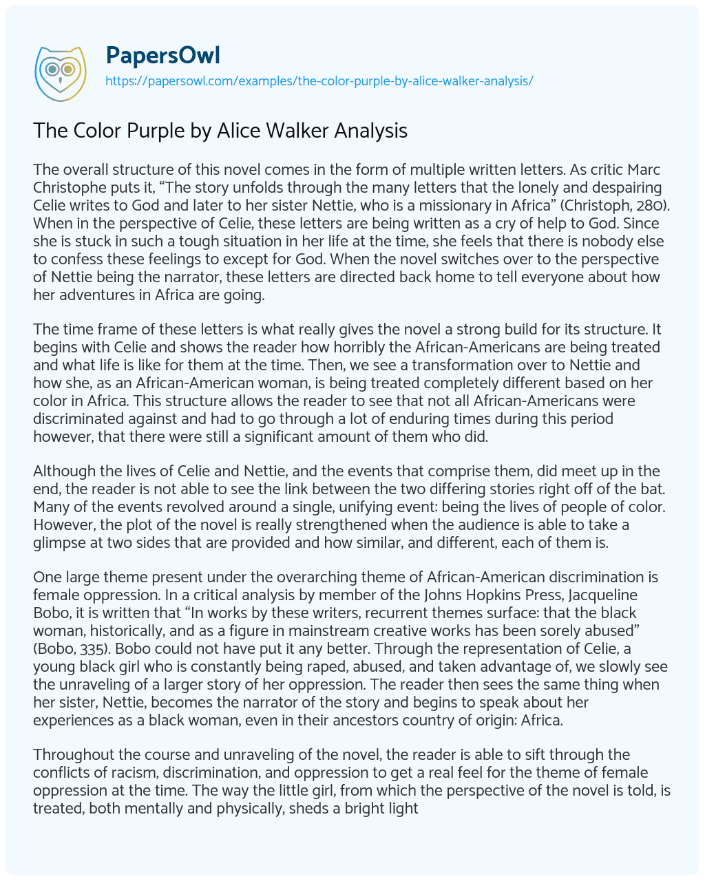 Essay on The Color Purple by Alice Walker Analysis