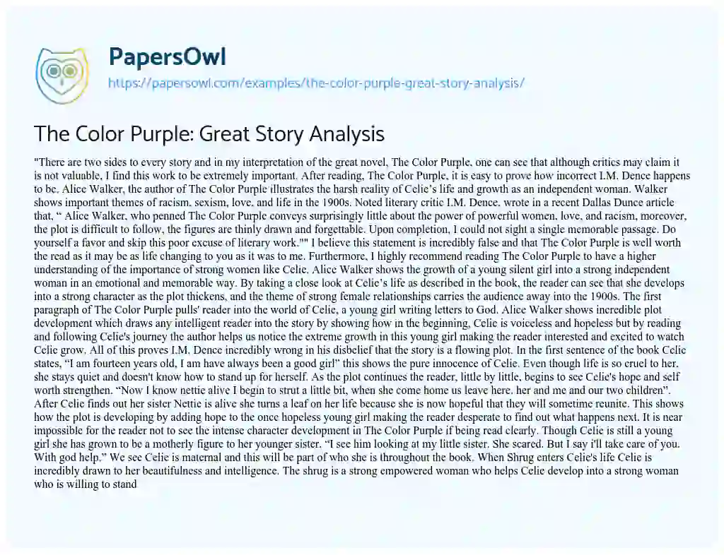 Essay on The Color Purple: Great Story Analysis