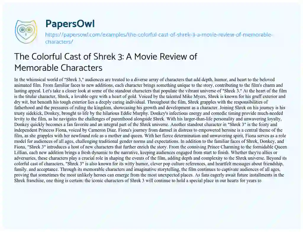 Essay on The Colorful Cast of Shrek 3: a Movie Review of Memorable Characters