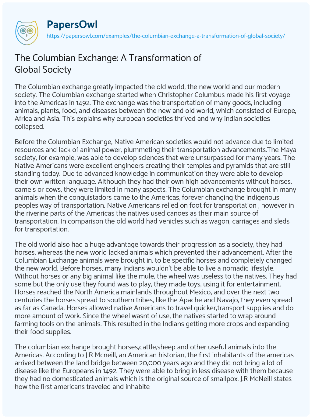 The Columbian Exchange: a Transformation of Global Society The Columbian Exchange: a Transformation of Global Society essay