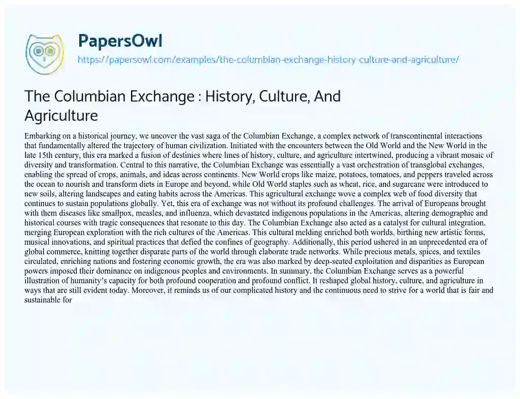 Essay on The Columbian Exchange : History, Culture, and Agriculture