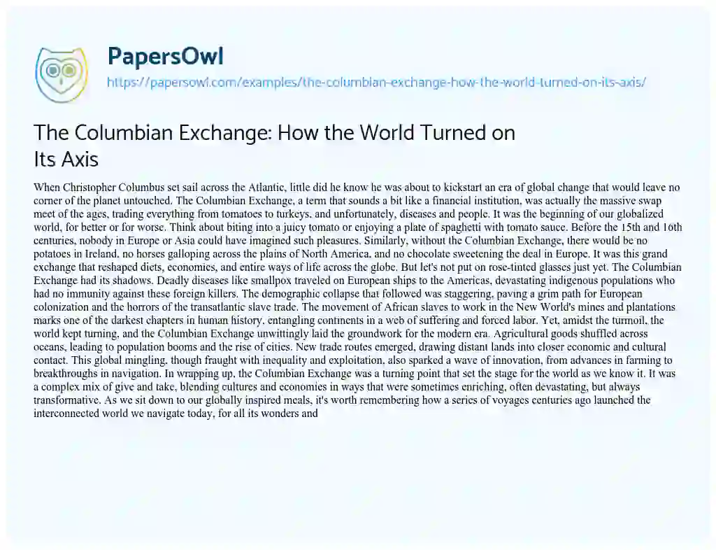 Essay on The Columbian Exchange: how the World Turned on its Axis