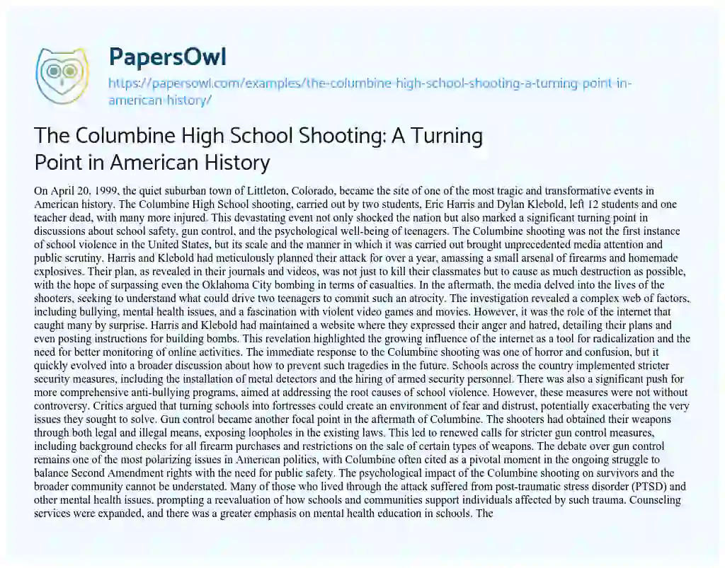 Essay on The Columbine High School Shooting: a Turning Point in American History