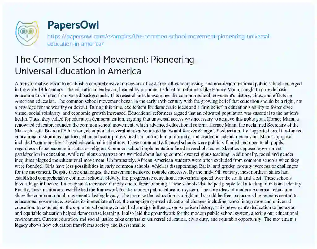 Essay on The Common School Movement: Pioneering Universal Education in America