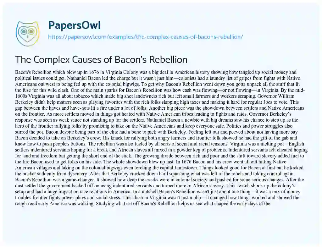 Essay on The Complex Causes of Bacon’s Rebellion