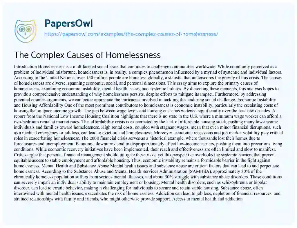 Essay on The Complex Causes of Homelessness
