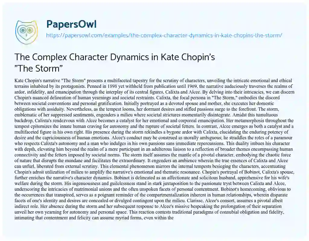 Essay on The Complex Character Dynamics in Kate Chopin’s “The Storm”