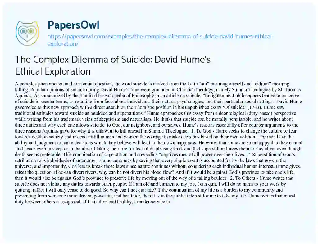 Essay on The Complex Dilemma of Suicide: David Hume’s Ethical Exploration