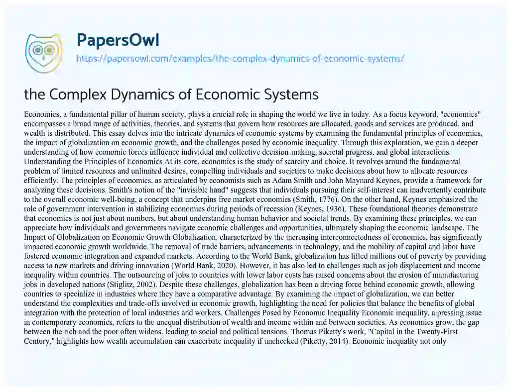 Essay on the Complex Dynamics of Economic Systems