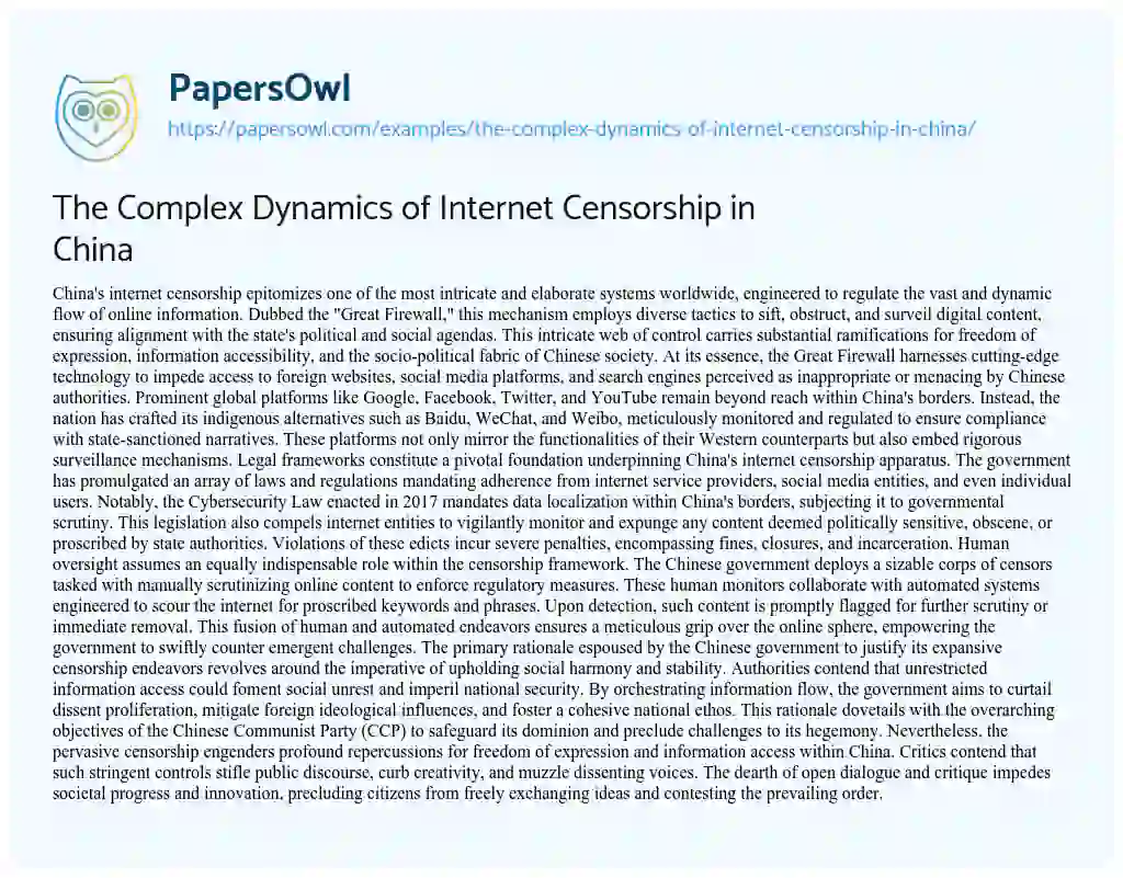 Essay on The Complex Dynamics of Internet Censorship in China