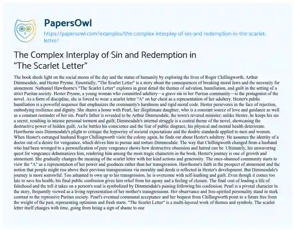 Essay on The Complex Interplay of Sin and Redemption in “The Scarlet Letter”