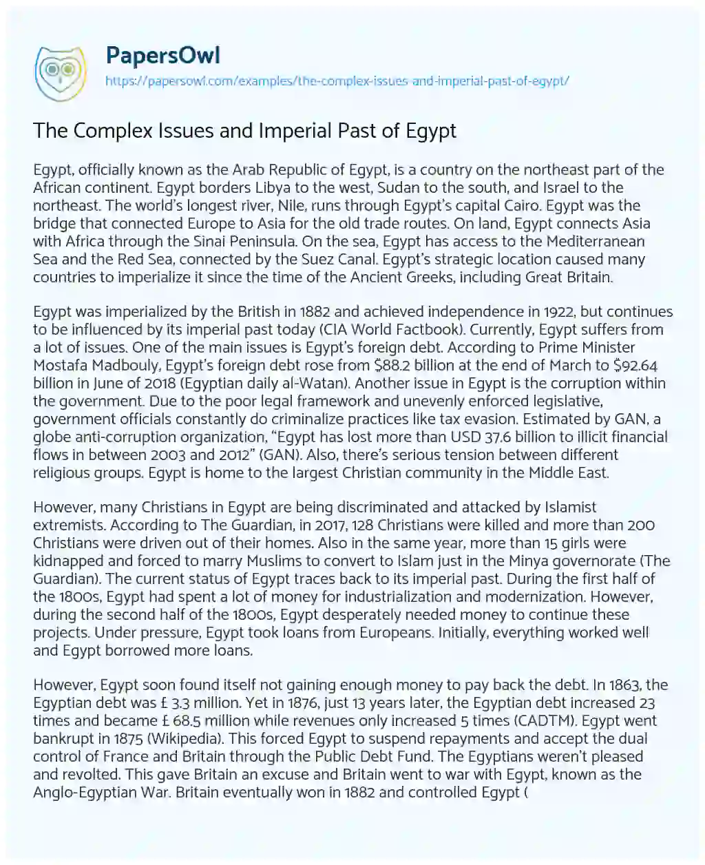 The Complex Issues and Imperial Past of Egypt - Free Essay Example ...