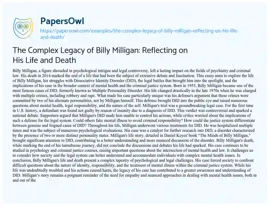 Essay on The Complex Legacy of Billy Milligan: Reflecting on his Life and Death