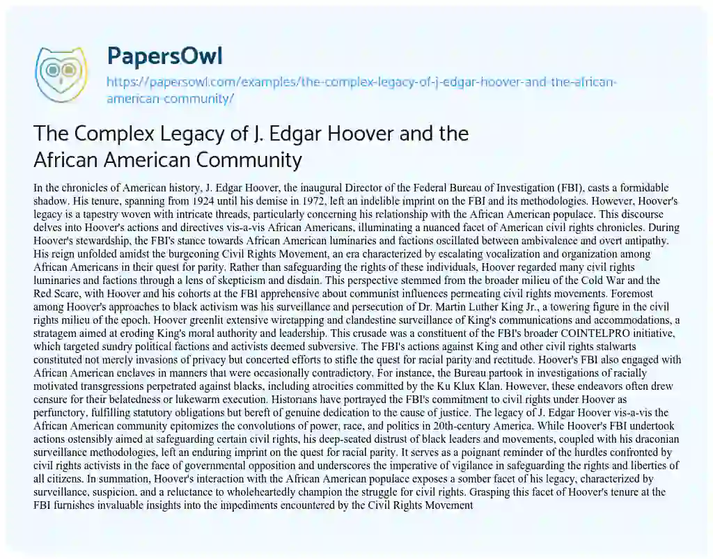 Essay on The Complex Legacy of J. Edgar Hoover and the African American Community