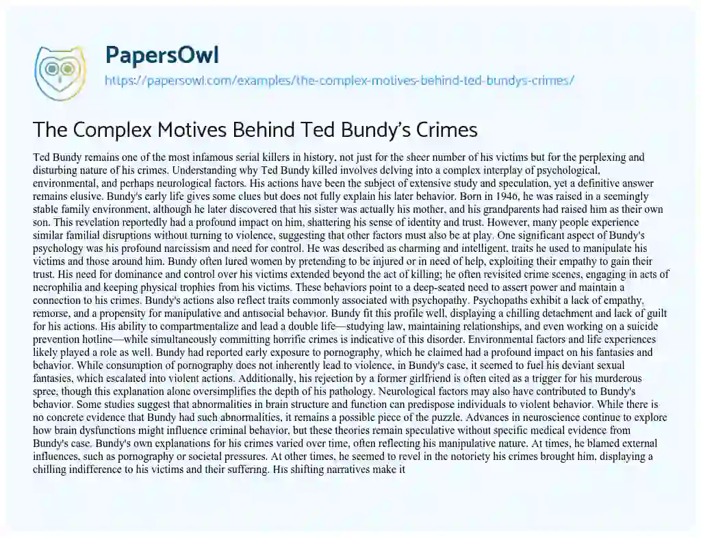 Essay on The Complex Motives Behind Ted Bundy’s Crimes