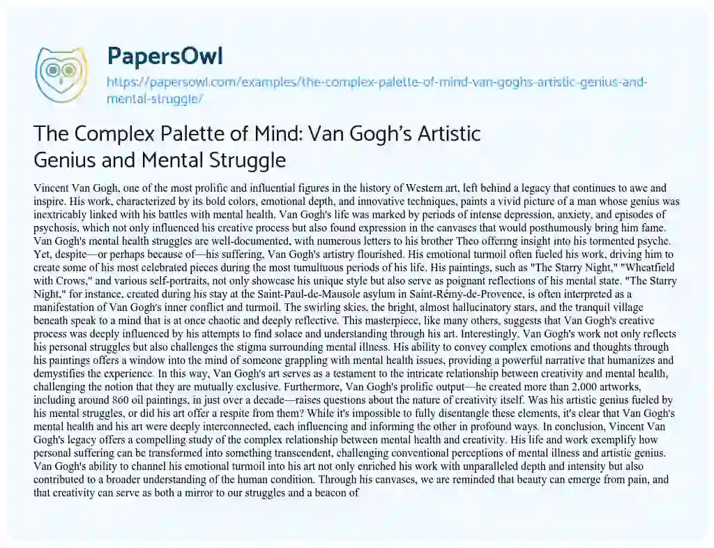 Essay on The Complex Palette of Mind: Van Gogh’s Artistic Genius and Mental Struggle