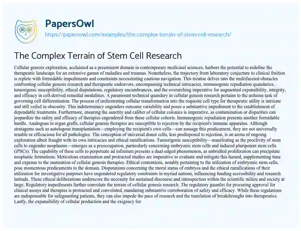 Essay on The Complex Terrain of Stem Cell Research