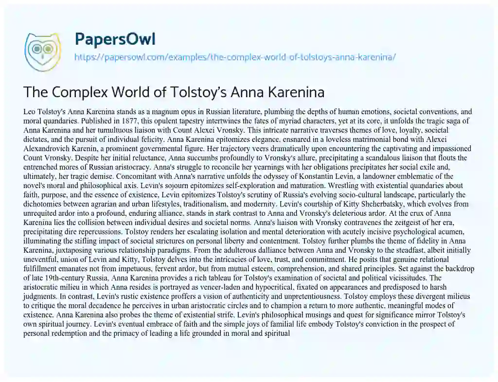 Essay on The Complex World of Tolstoy’s Anna Karenina