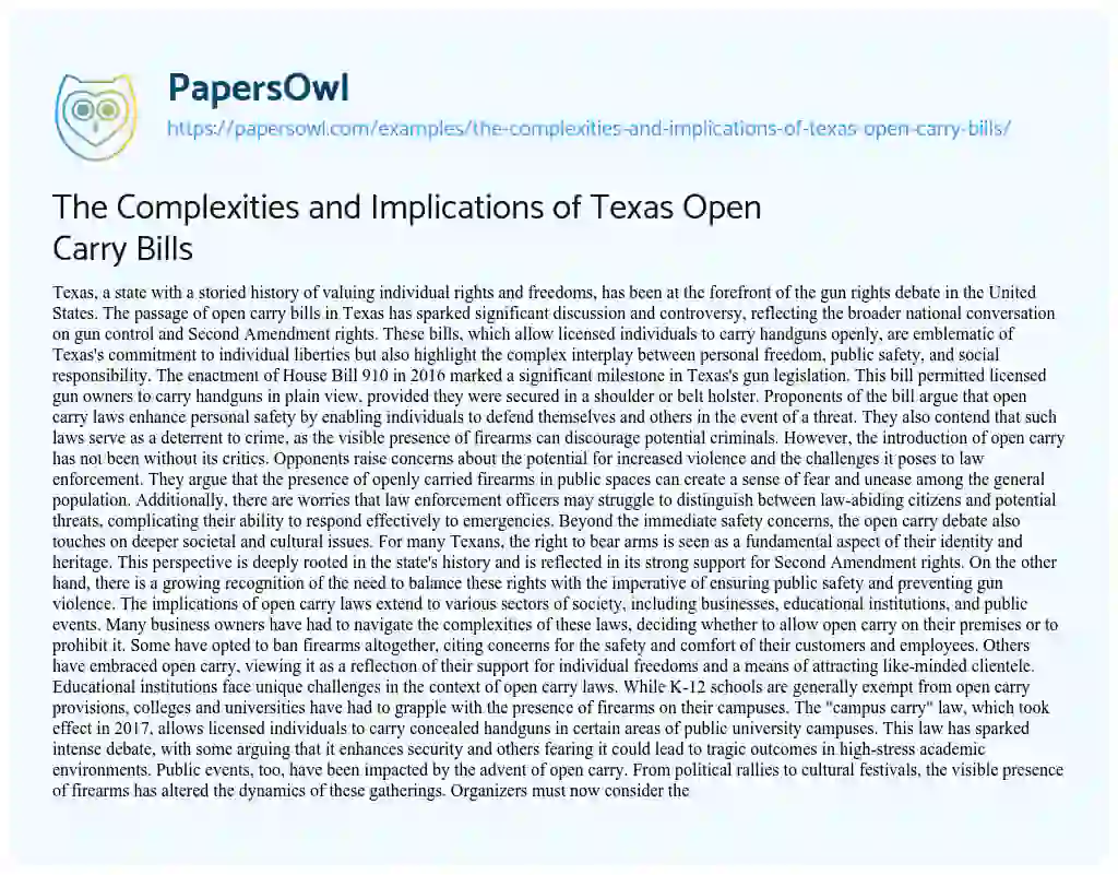 Essay on The Complexities and Implications of Texas Open Carry Bills