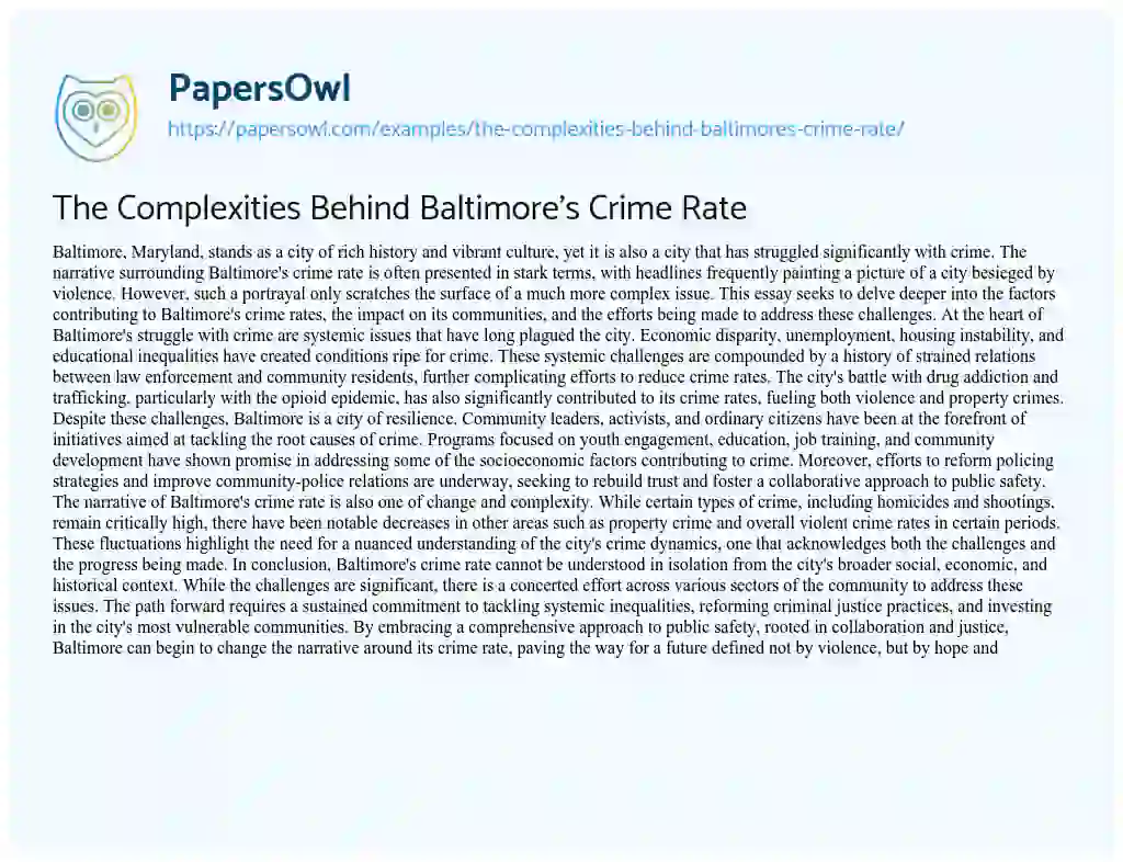 Essay on The Complexities Behind Baltimore’s Crime Rate