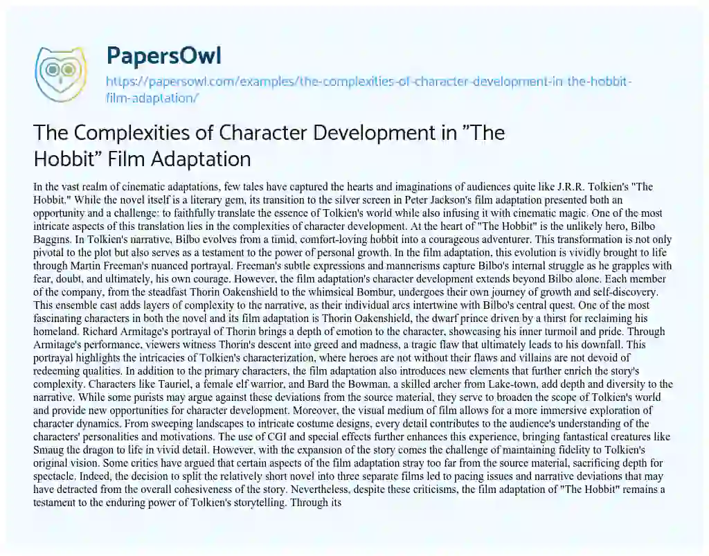 Essay on The Complexities of Character Development in “The Hobbit” Film Adaptation