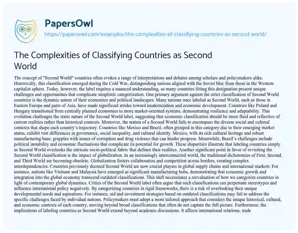 Essay on The Complexities of Classifying Countries as Second World