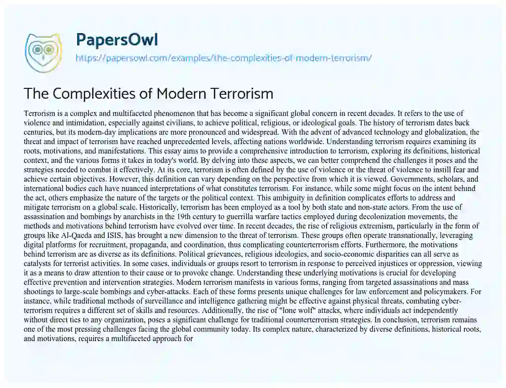 Essay on The Complexities of Modern Terrorism