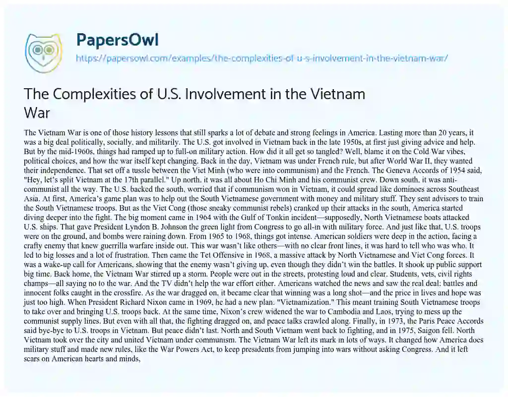 Essay on The Complexities of U.S. Involvement in the Vietnam War