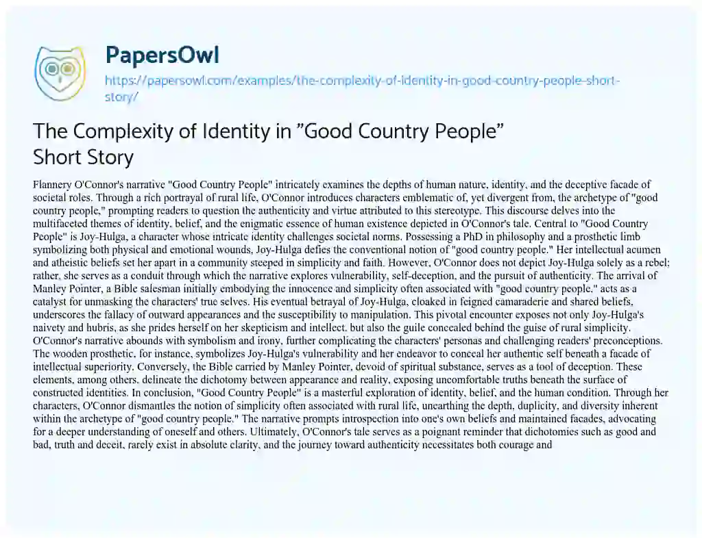 Essay on The Complexity of Identity in “Good Country People” Short Story