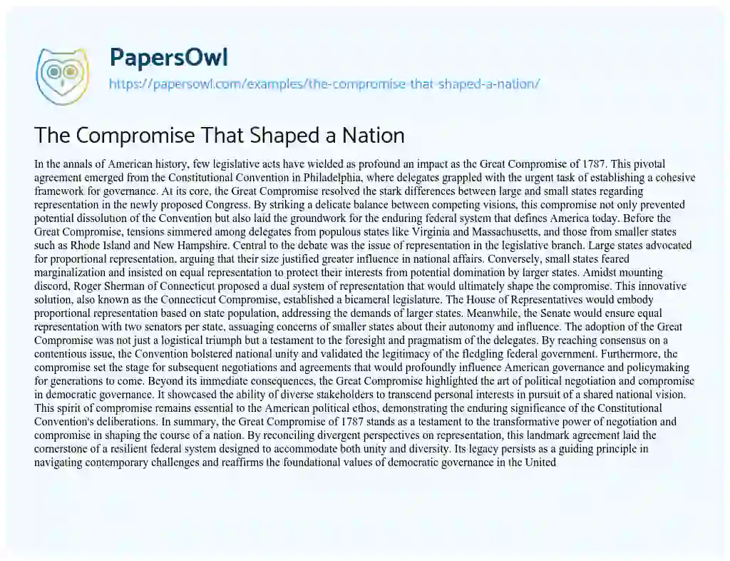 Essay on The Compromise that Shaped a Nation