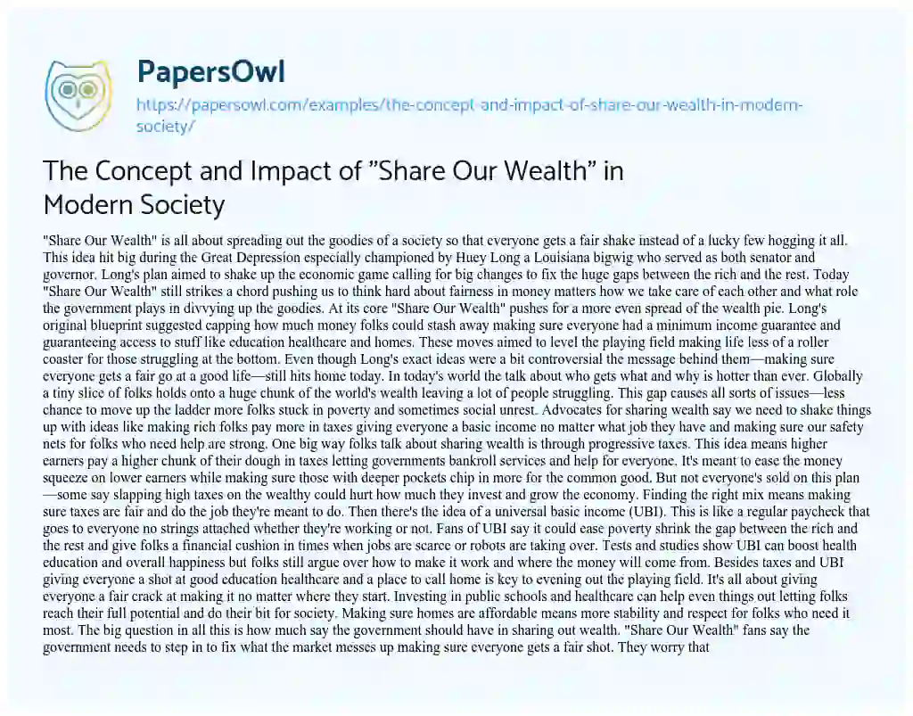 Essay on The Concept and Impact of “Share our Wealth” in Modern Society