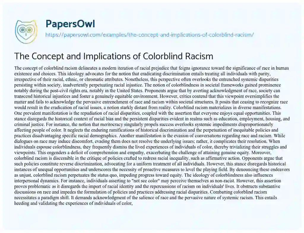 Essay on The Concept and Implications of Colorblind Racism