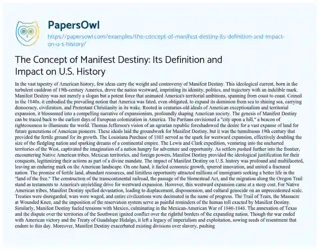 Essay on The Concept of Manifest Destiny: its Definition and Impact on U.S. History