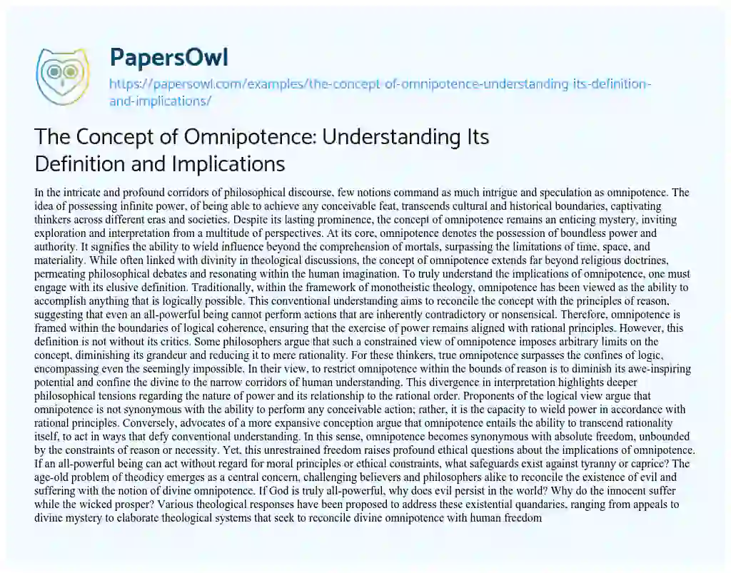 Essay on The Concept of Omnipotence: Understanding its Definition and Implications