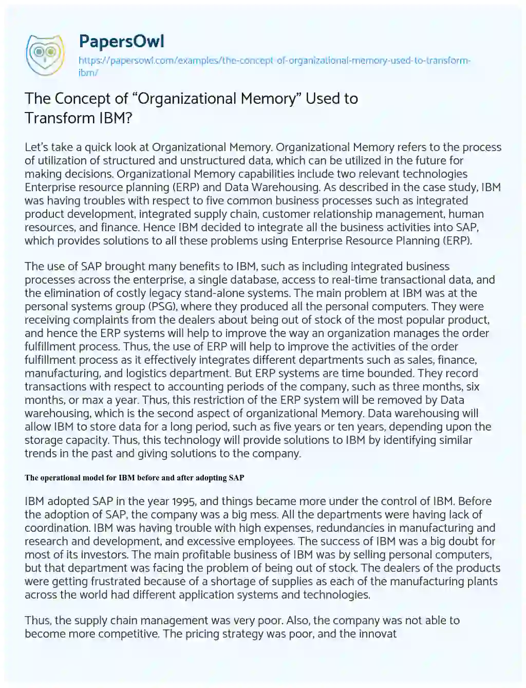 Essay on The Concept of “Organizational Memory” Used to Transform IBM?