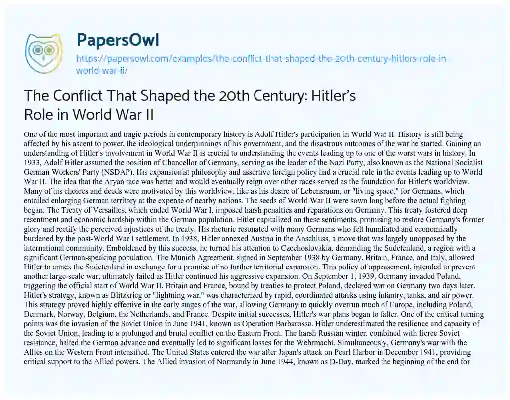 Essay on The Conflict that Shaped the 20th Century: Hitler’s Role in World War II