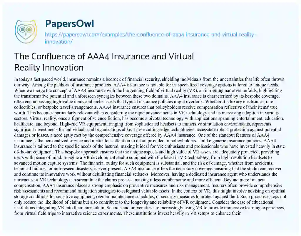 Essay on The Confluence of AAA4 Insurance and Virtual Reality Innovation