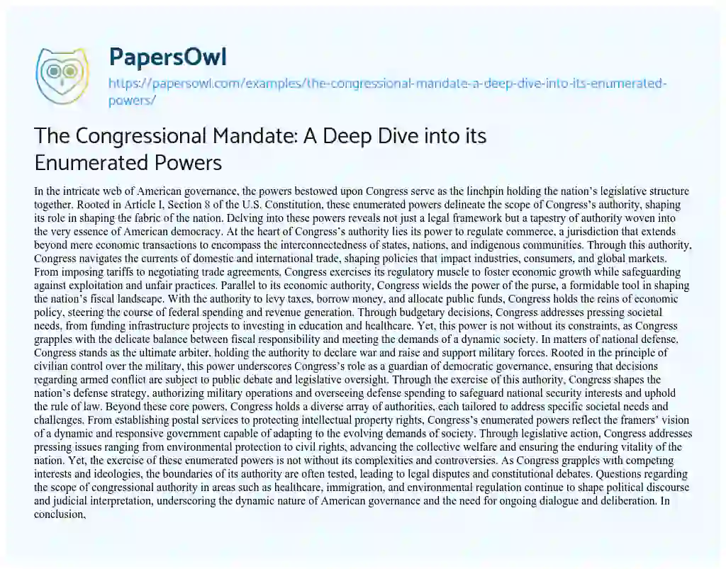 Essay on The Congressional Mandate: a Deep Dive into its Enumerated Powers