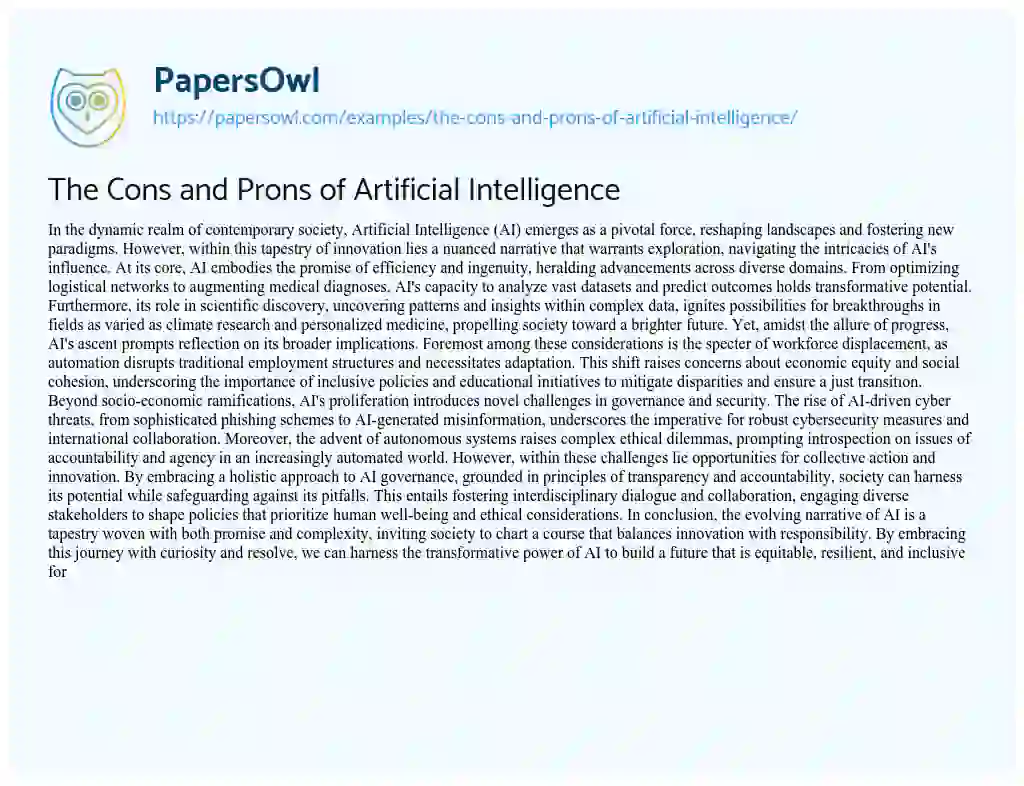Essay on The Cons and Prons of Artificial Intelligence