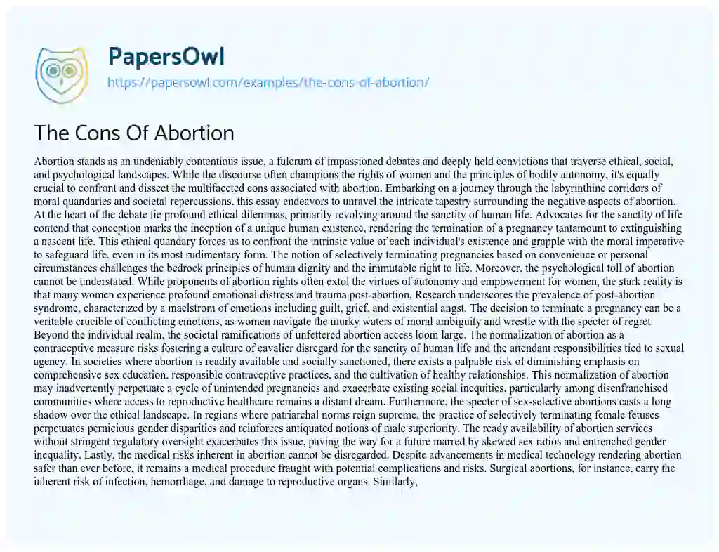 Essay on The Cons of Abortion