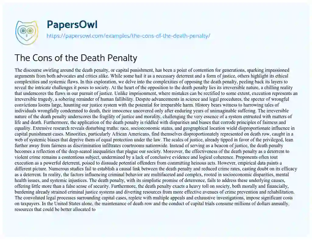 Essay on The Cons of the Death Penalty