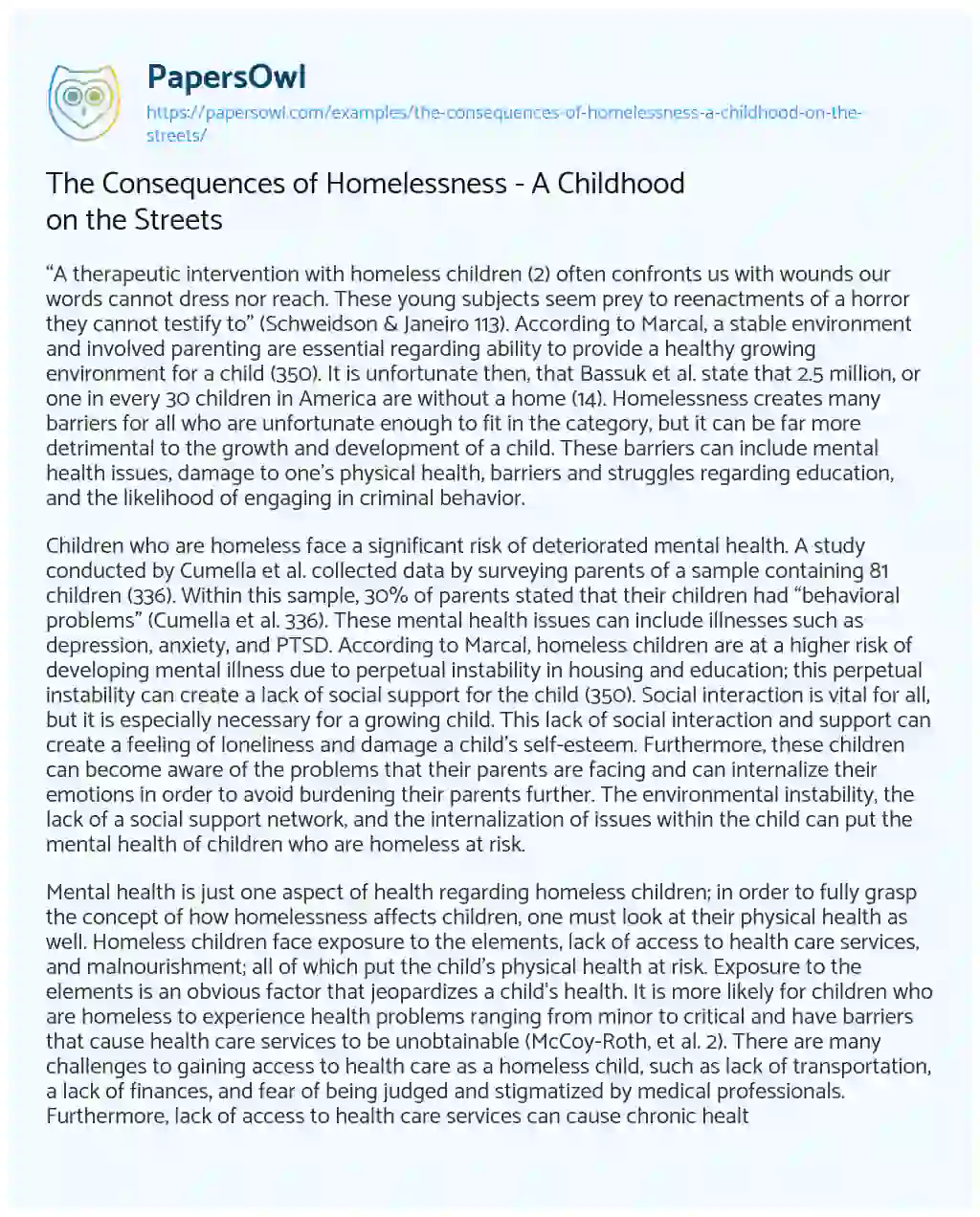 Essay on The Consequences of Homelessness – a Childhood on the Streets