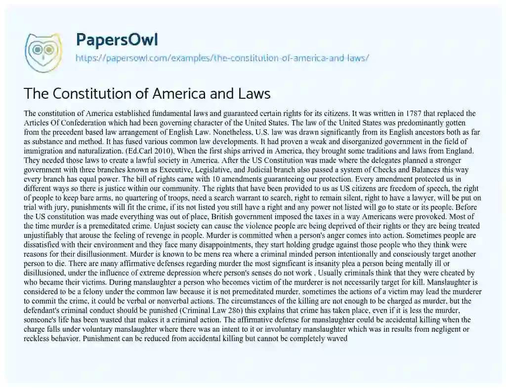 Essay on The Constitution of America and Laws