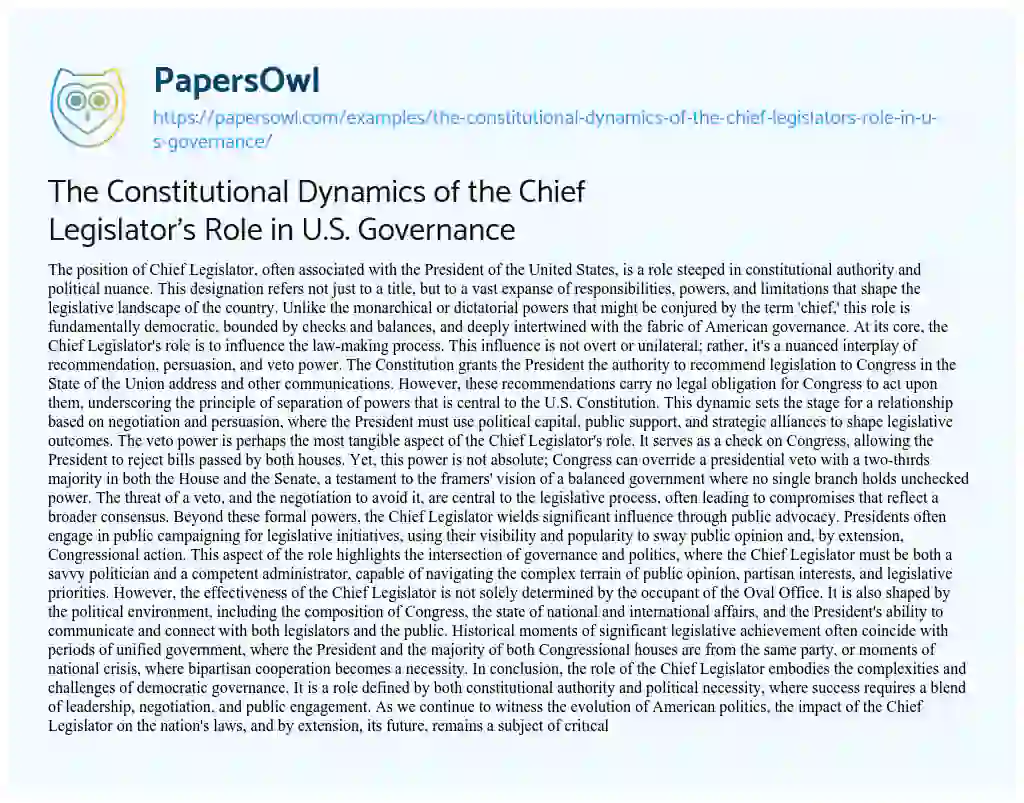 Essay on The Constitutional Dynamics of the Chief Legislator’s Role in U.S. Governance